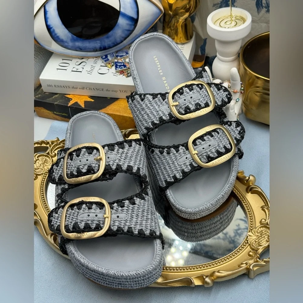 🆕 LOEFFLER RANDALL 🧿 NWOB Theo Embroidered Raffia Platform Sandal, Blue Sz 8